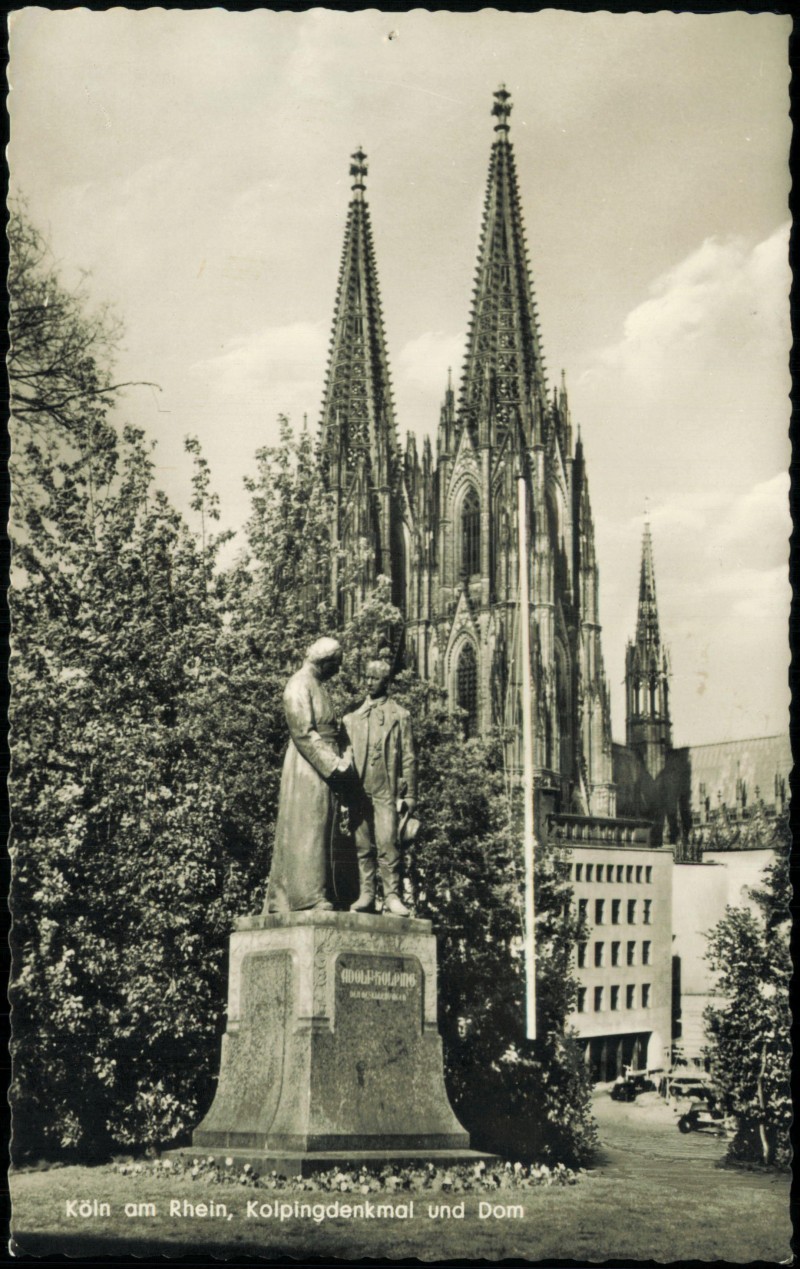 vergrößern: Bildseite historische Ansichtskarte von 1956: Rhein, Kolpingdenkmal und Dom:: Köln