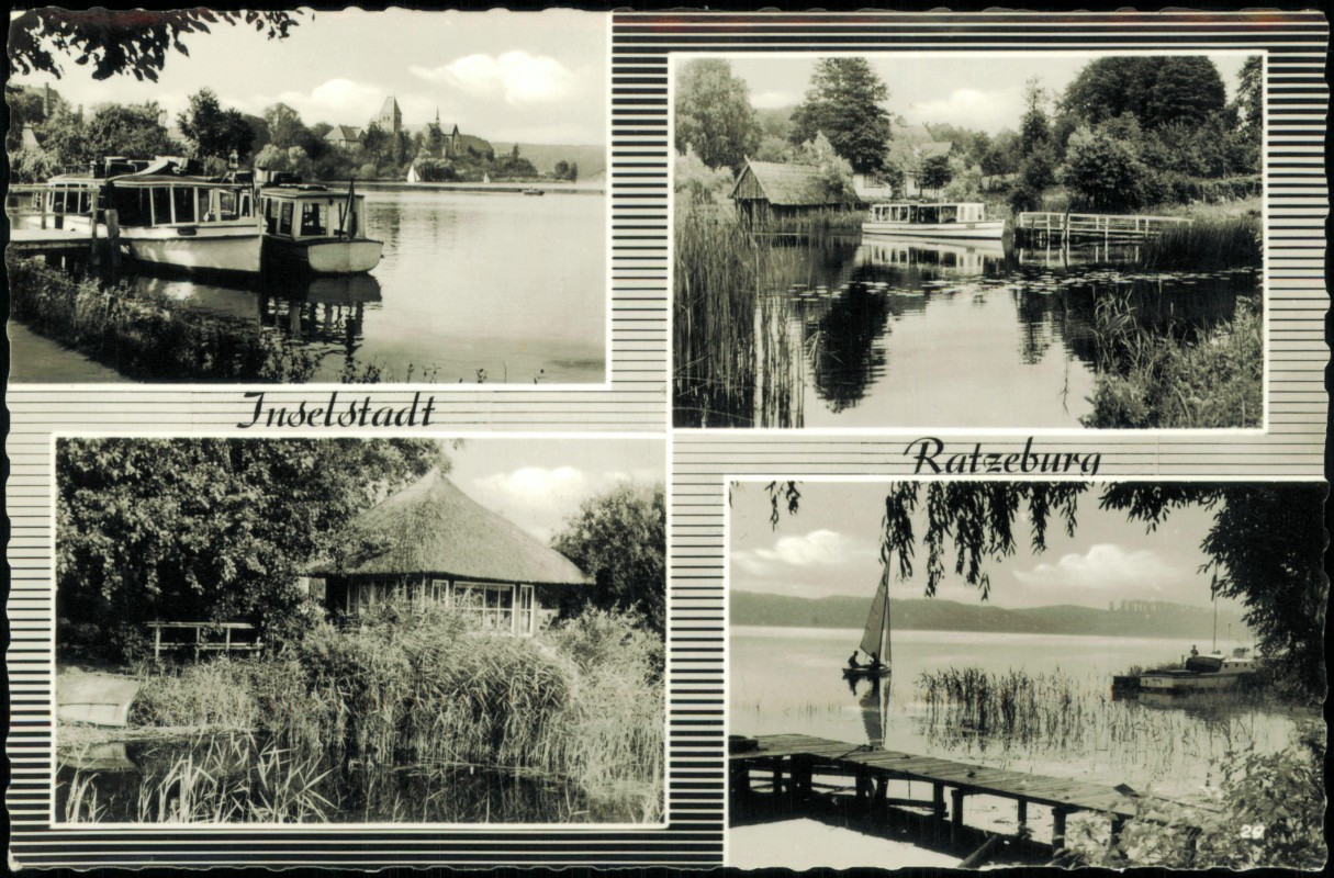 vergrößern: Bildseite historische Ansichtskarte von 1968: 4 Bild Schiff Pavillon Steg:: Ratzeburg