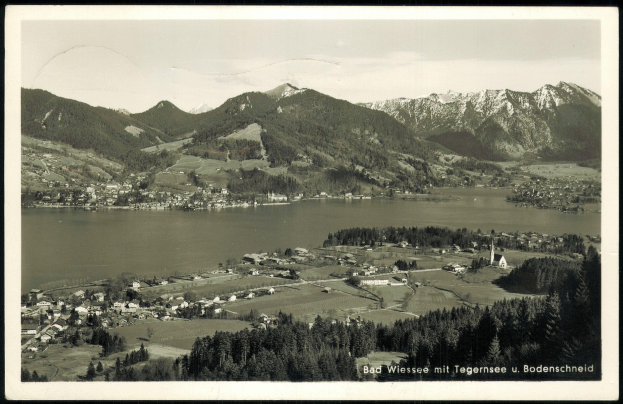 vergrößern: Bildseite historische Ansichtskarte von 1952: mit Tegernsee u. Bodenschneid:: Bad Wiessee