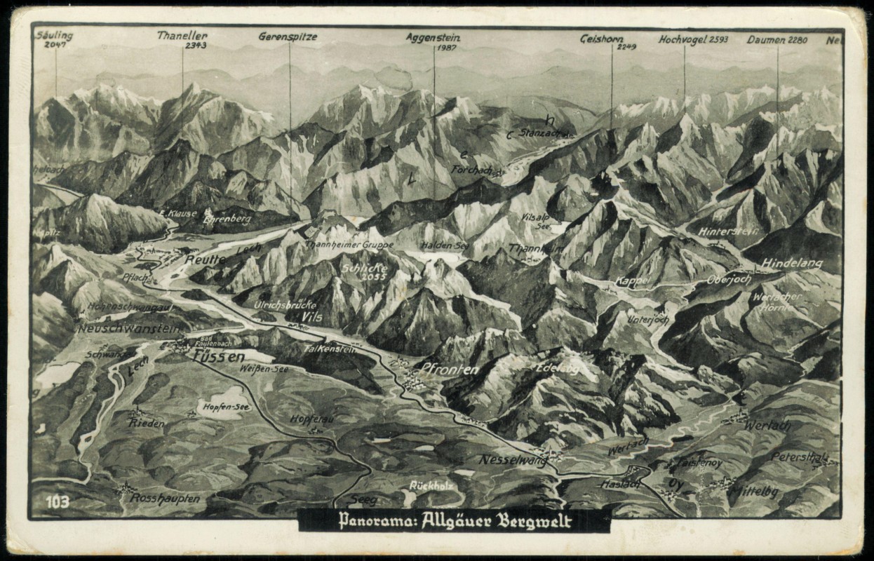 vergrößern: Bildseite historische Ansichtskarte von 1950: Landkarten AK Allgäuer Alpen:: Füssen