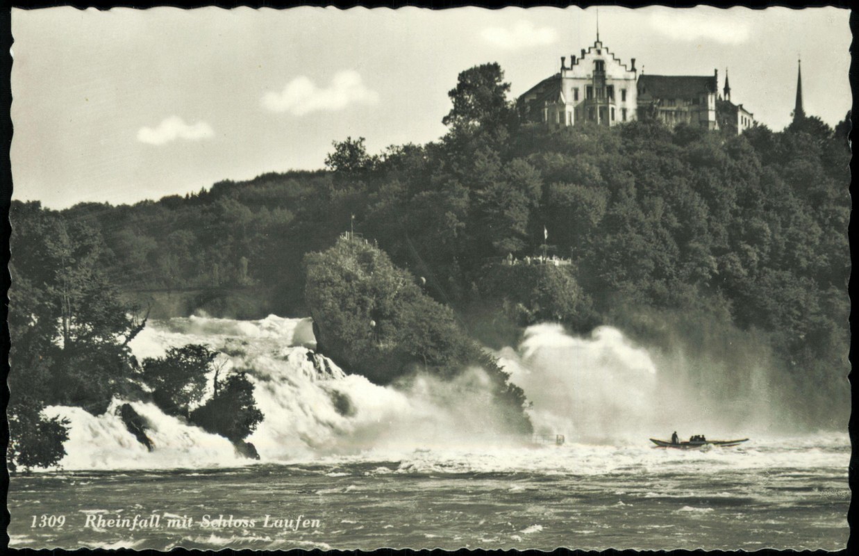 vergrößern: Bildseite historische Ansichtskarte von 1964: Rheinfall mit Schloss Laufen:: Laufen-Uhwiesen