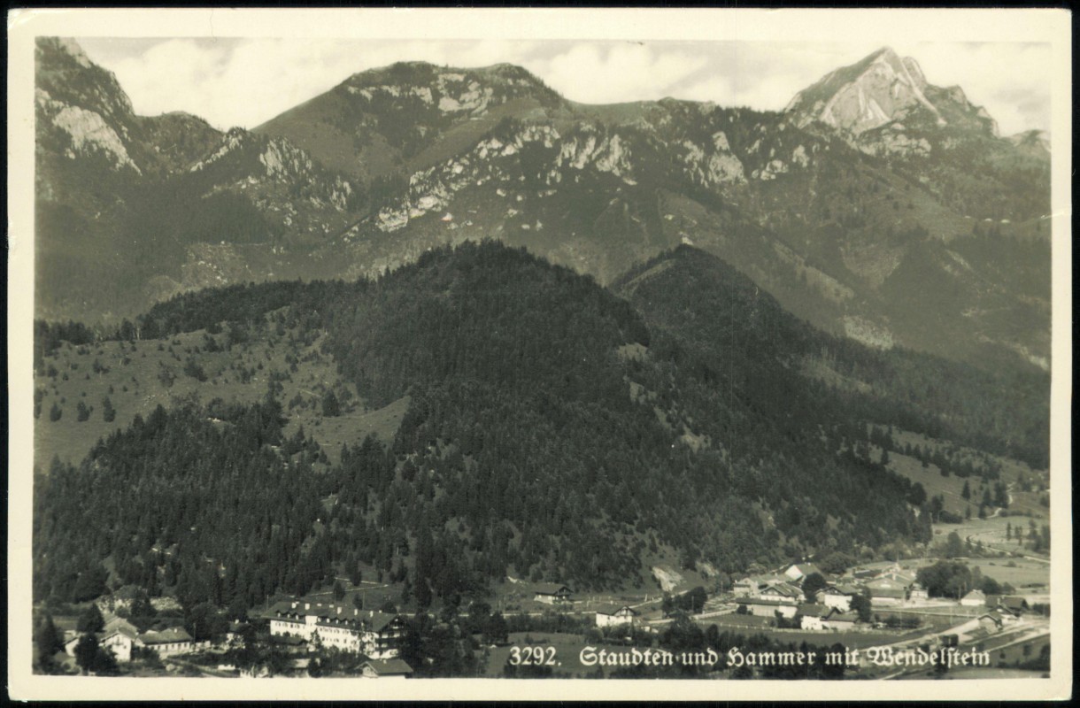 vergrößern: Bildseite historische Ansichtskarte von 1955: Panorama mit Staudten, Hammer und Wendelstein:: Bayrischzell