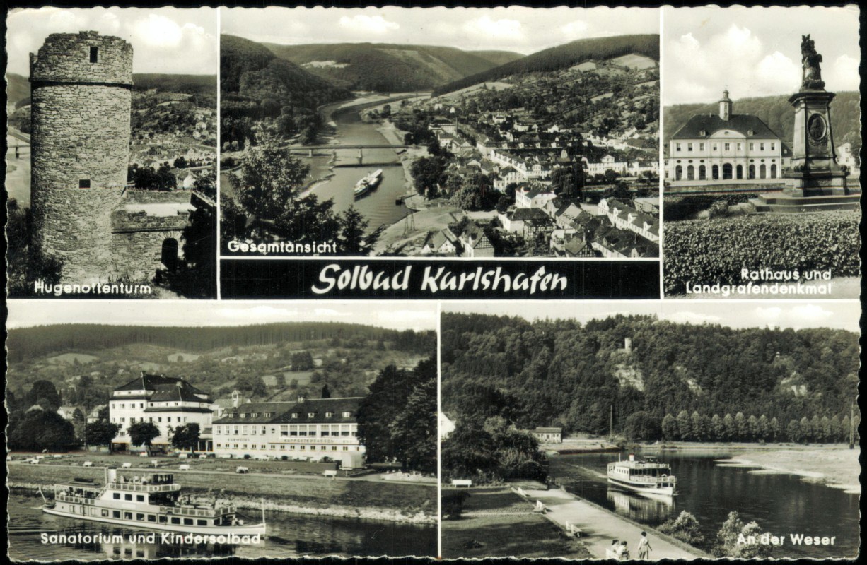 vergrößern: Bildseite historische Ansichtskarte von 1964: 5 Bild Dampfer, Hugenottenturm:: Bad Karlshafen