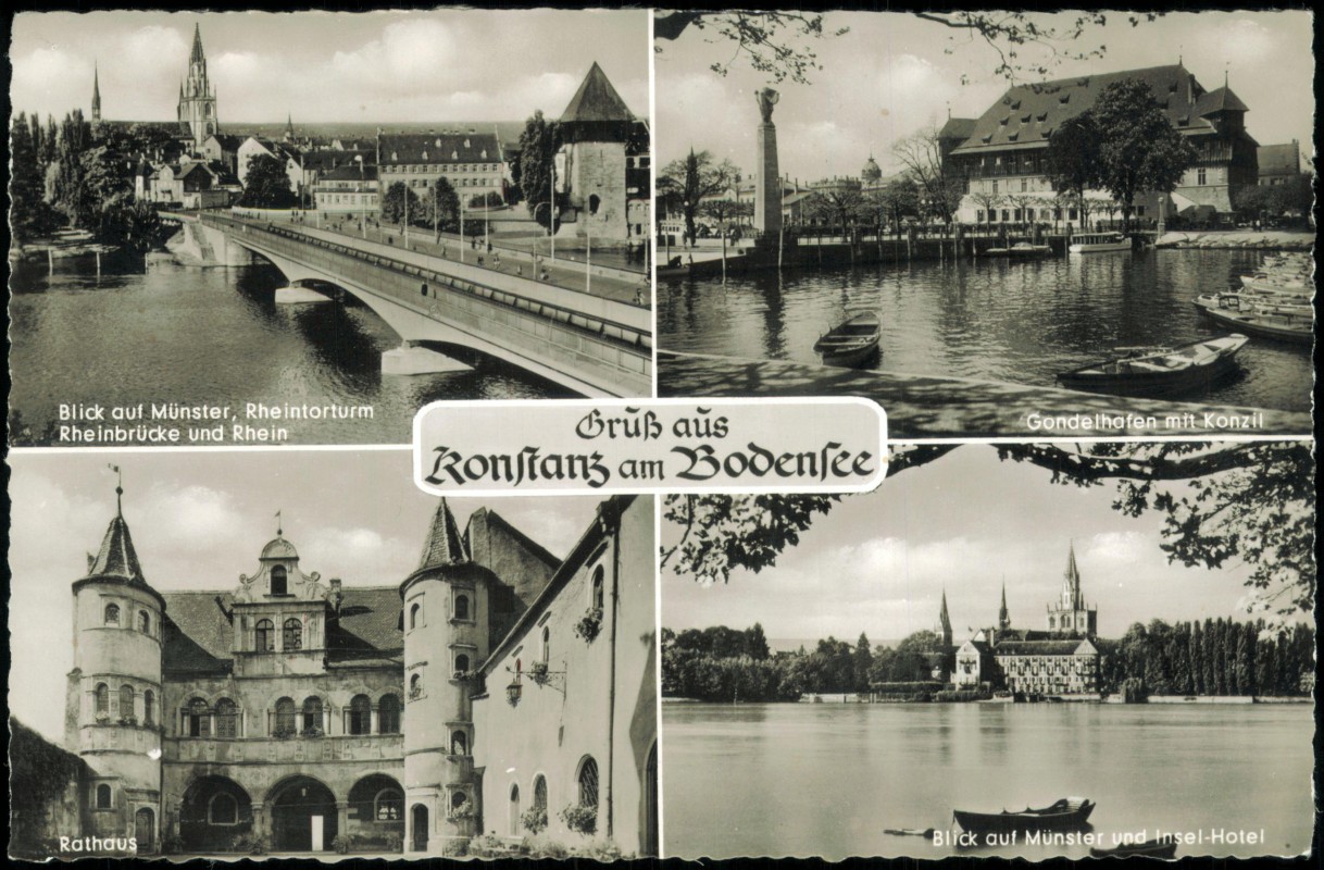 vergrößern: Bildseite historische Ansichtskarte von 1955: Mehrbildkarte mit 4 Ortsansichten:: Konstanz