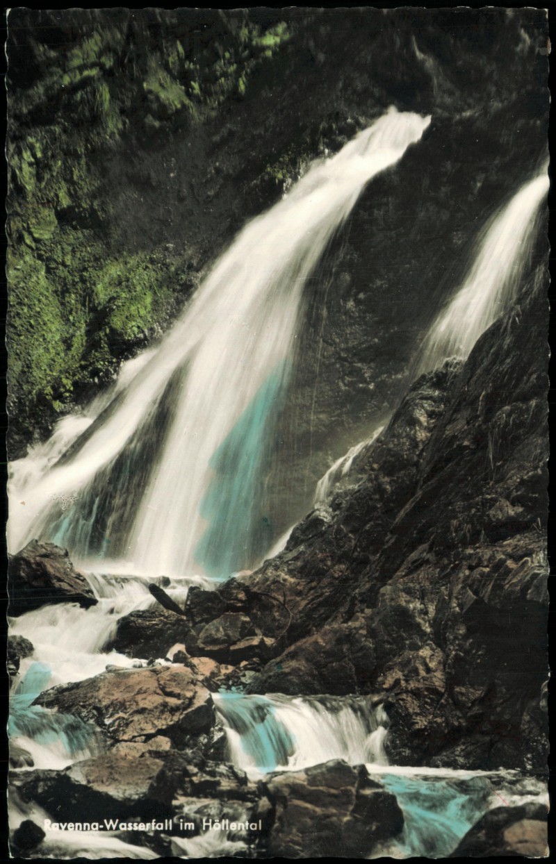 vergrößern: Bildseite historische Ansichtskarte von 1960: Ravenna-Wasserfall im Höllental, Waterfall:: Ravenna-Wasserfall