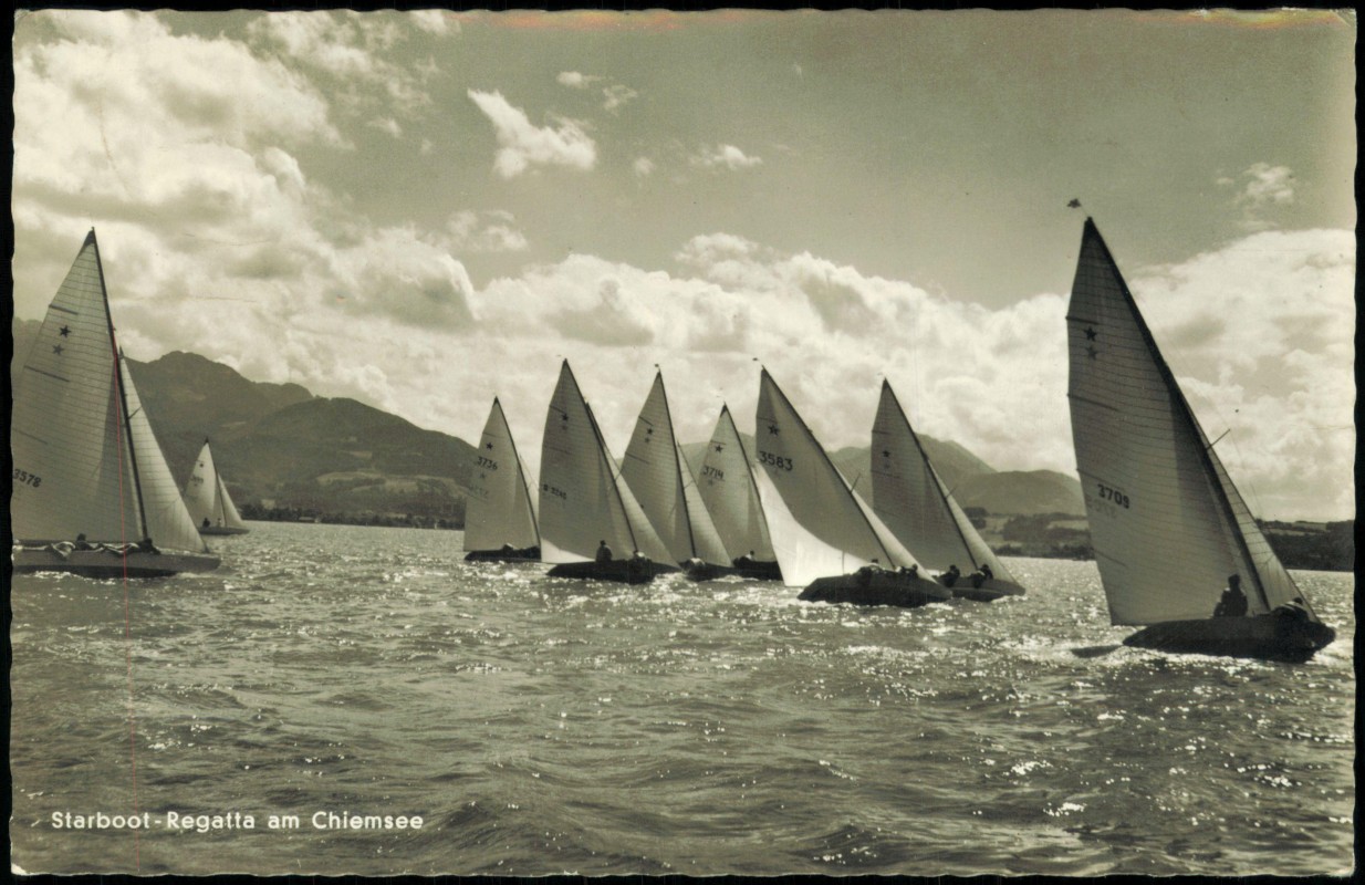 vergrößern: Bildseite historische Ansichtskarte von 1965: Starboot-Regatta am Chiemsee:: Prien