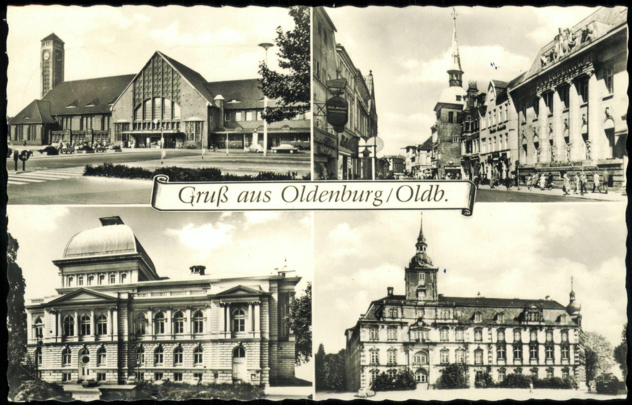 vergrößern: Bildseite historische Ansichtskarte von 1965: 4 Bild Hauptbahnhof Lange Straße Schloß:: Oldenburg