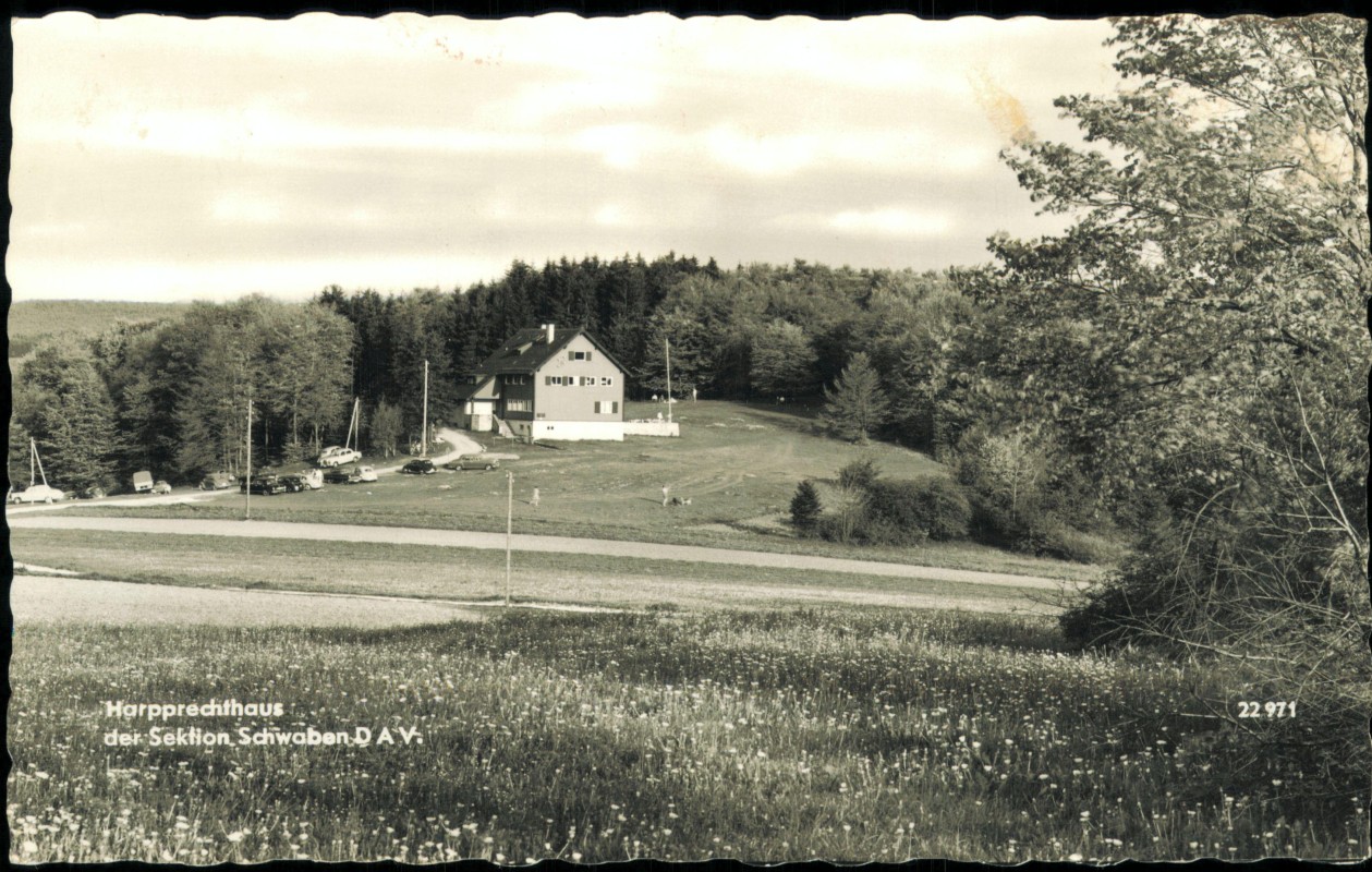 vergrößern: Bildseite historische Ansichtskarte von 1963: Harpprechthausder Sektion Schwaben DAV:: Schopfloch (Schwarzwald)