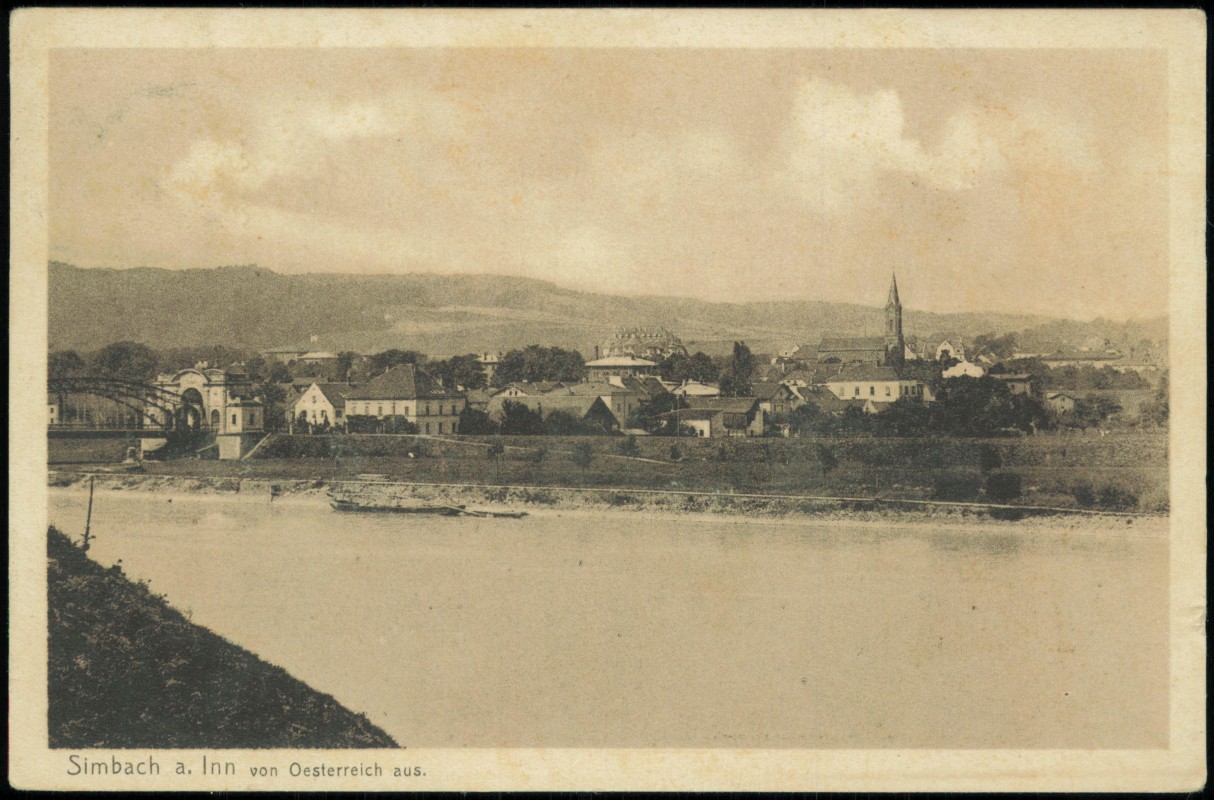 vergrößern: Bildseite historische Ansichtskarte von 1925: Stadt von Österreich gesehen:: Simbach (Inn)