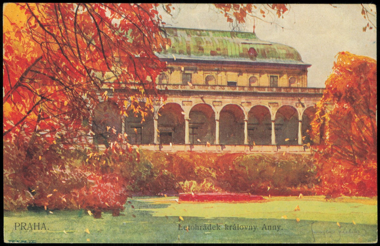 vergrößern: Bildseite historische Ansichtskarte von 1912: Letohrádek královny Anny. Herbststimmung:: Prag
