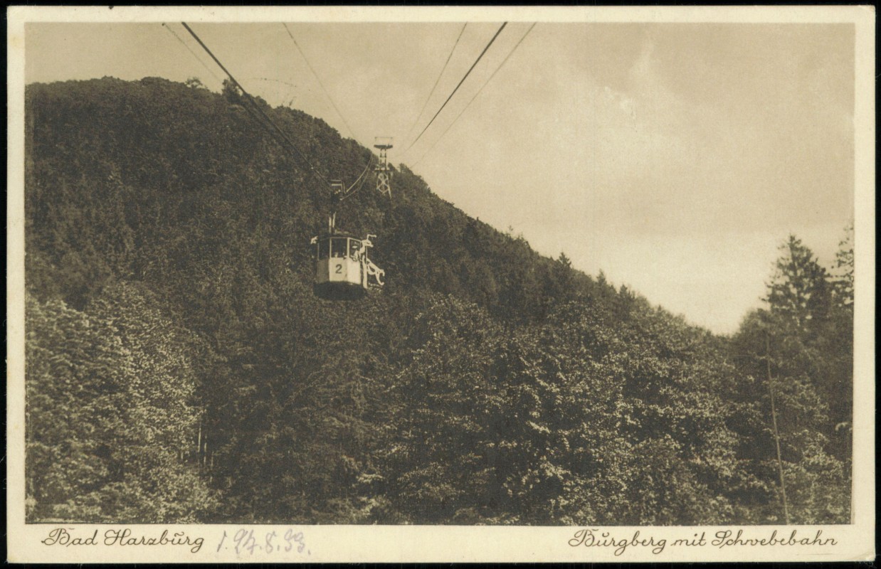 vergrößern: Bildseite historische Ansichtskarte von 1933: Burgberg mit Schwebebahn:: Bad Harzburg