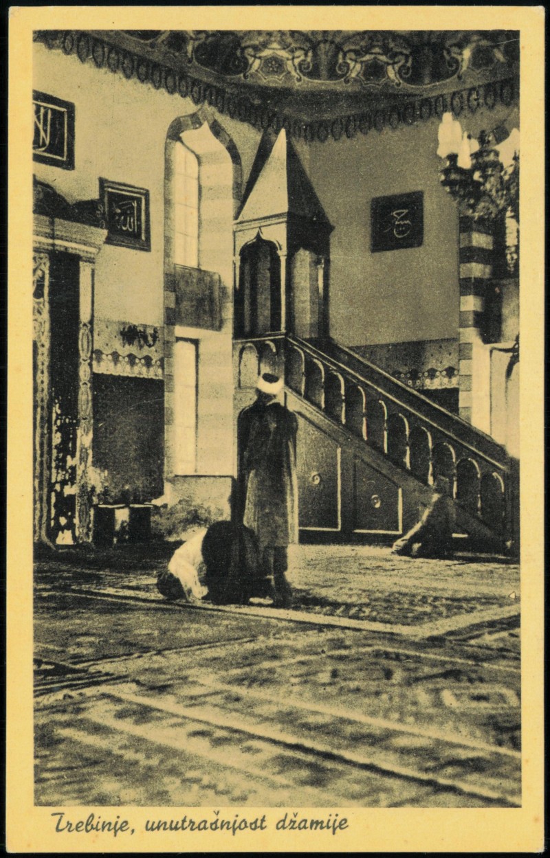 vergrößern: Bildseite historische Ansichtskarte von 1938: unutrašnjost džamije Moschee:: Trebinje