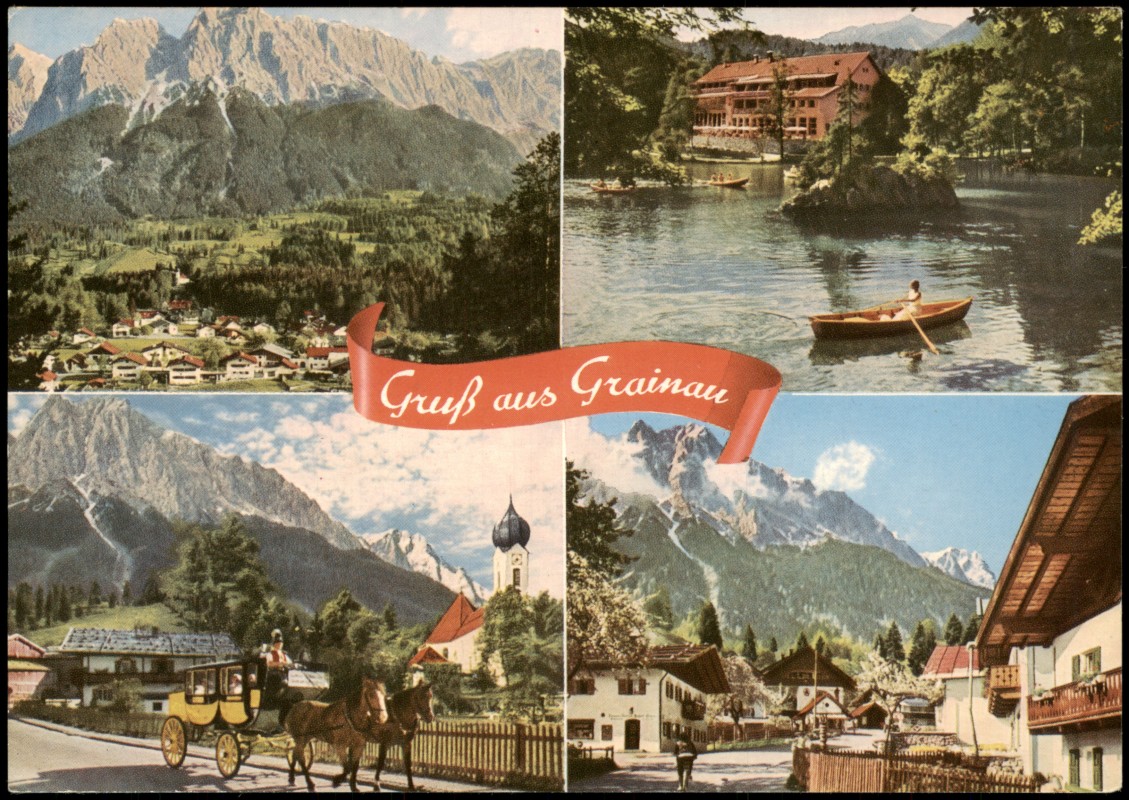 zoom: Image side vintage Postcard from 1970: Mehrbildkarte u.a. mit Waxenstein, Dorfstraße, Badersee:: Grainau