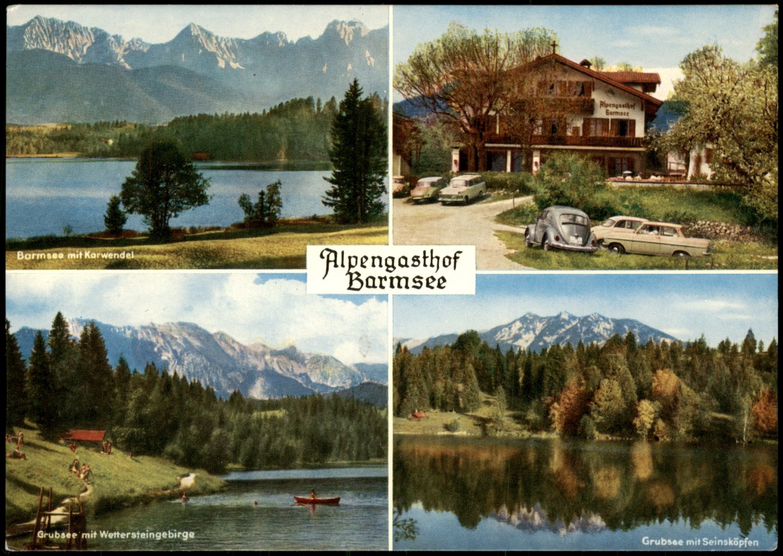 zoom: Image side vintage Postcard from 1967: Alpengasthof Pension Barmsee Mehrbild-AK u.a. Autos VW Käfer:: Krün