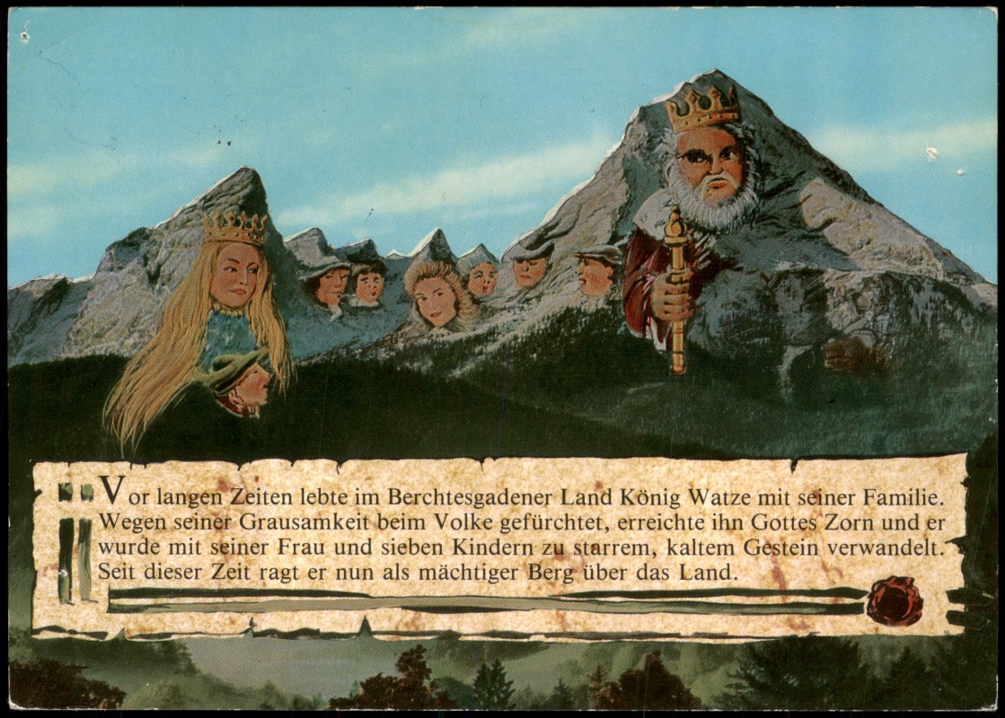 zoom: Image side vintage Postcard from 1986: Berchtesgadener Land König Watze mit seiner Familie (personifizierte Berge):: Berchtesgaden