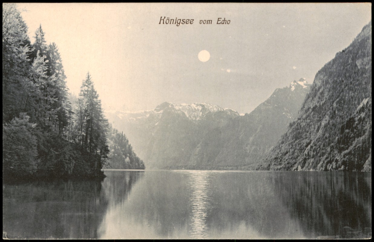 zoom: Image side vintage Postcard from 1910: Gruß vom Königsee, Mondschein-Spiegelung im See:: Schönau am Königssee