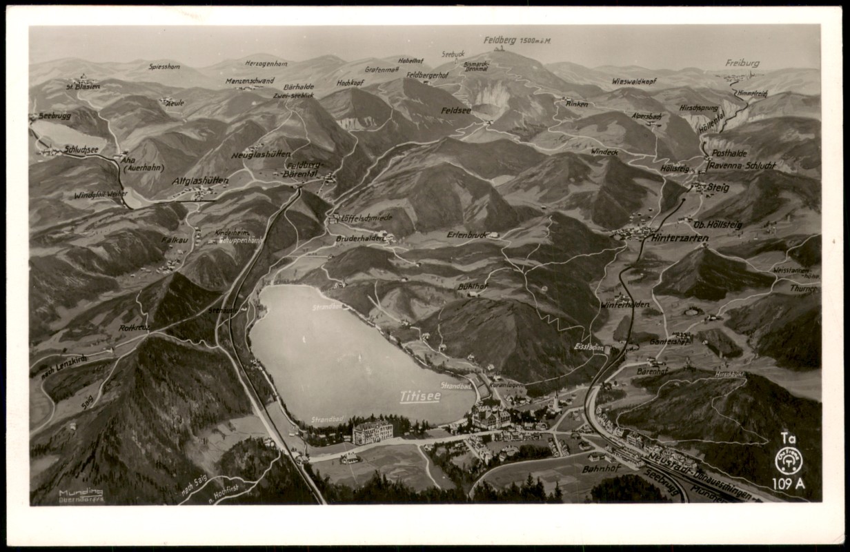 zoom: Image side vintage Postcard from 1940: Titisee (Schwarzwald) Relief-Umgebungskarte:: Titisee-Neustadt