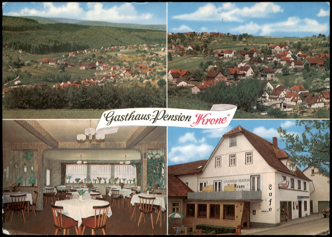 vergrößern: Bildseite historische Ansichtskarte von 1978: Mehrbildkarte Ortsansichten u. Gasthaus Pension Krone:: Weiten-Gesäß-Michelstadt