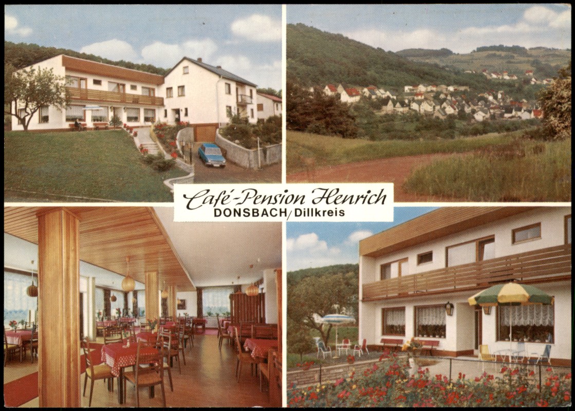zoom: Image side vintage Postcard from 1965: Mehrbild-AK Cafe-Pension Henrich im Dillkreis:: Donsbach-Dillenburg