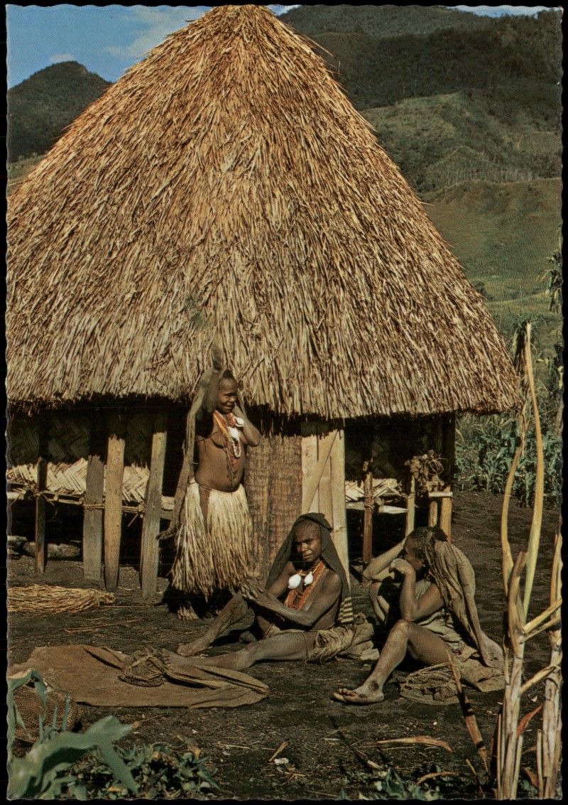 zoom: Image side vintage Postcard from 1970: Kukukuku House (Bienenkorbhaus):: .Papua