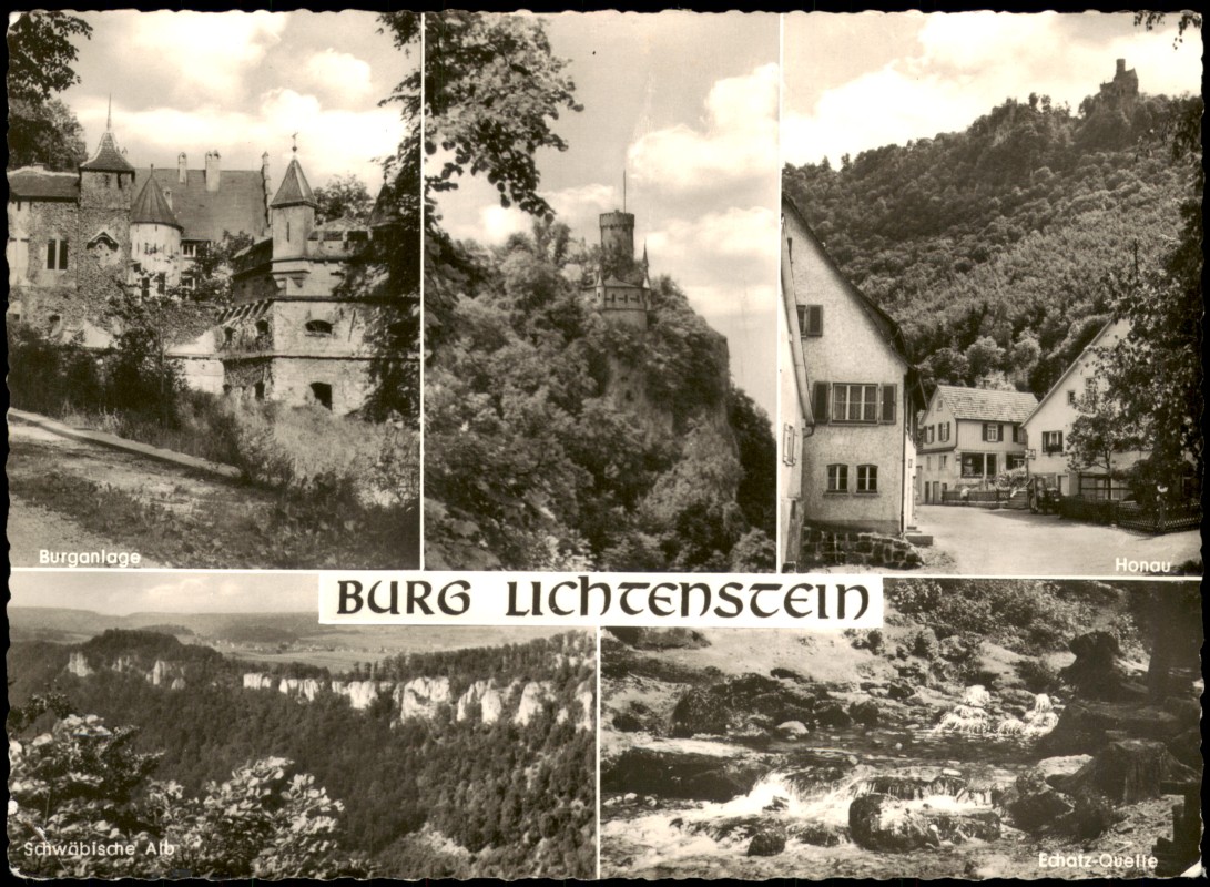 vergrößern: Bildseite historische Ansichtskarte von 1955: Burg Lichtenstein, Honau und Echatz-Quelle:: Lichtenstein (Württemberg)