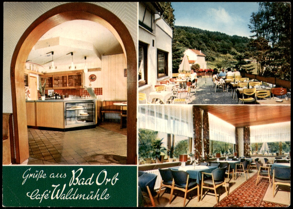vergrößern: Bildseite historische Ansichtskarte von 1979: Café Restaurant Waldmühle (Mehrbildkarte):: Bad Orb