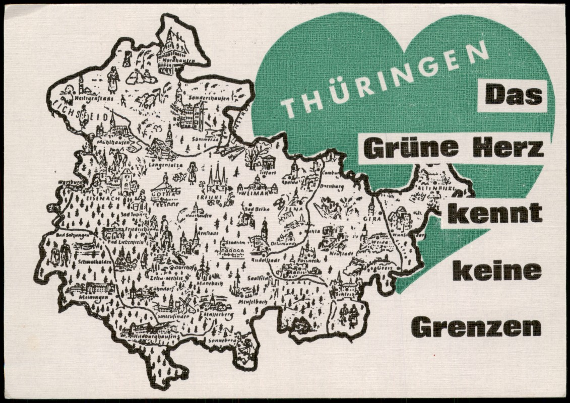 vergrößern: Bildseite historische Ansichtskarte von 1978: Illustrierte Landkarte Thüringen - Das Grüne Herz::