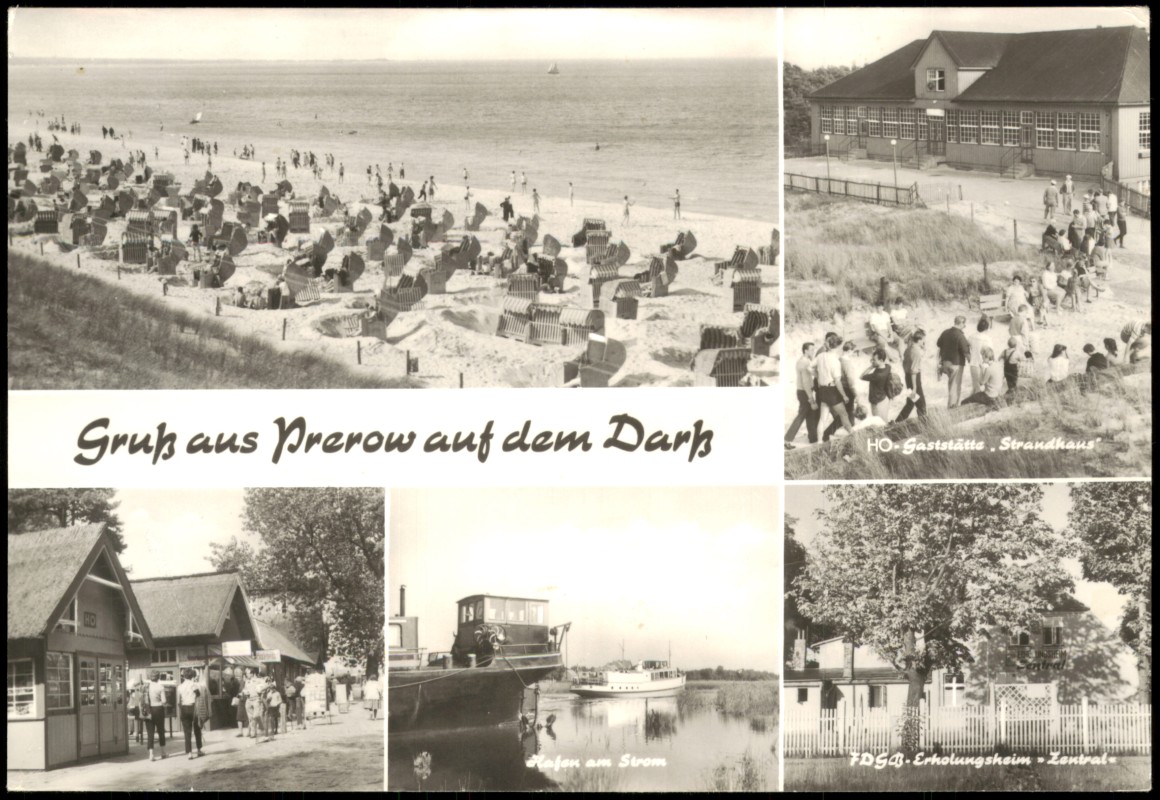 vergrößern: Bildseite historische Ansichtskarte von 1979: DDR Mehrbild-AK mit Strand, Hafen am Strom, HOG Strandhaus:: Prerow