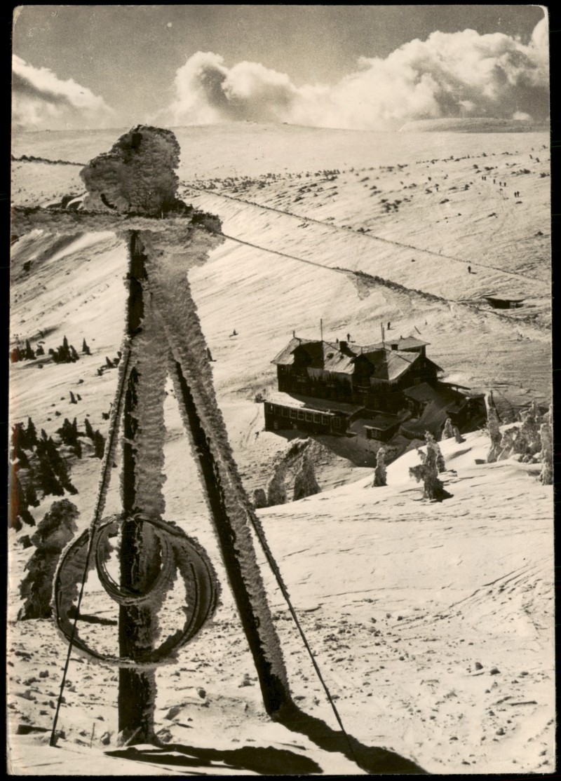 zoom: Image side vintage Postcard from 1957: Labská bouda (Elbfallbaude), Krkonoše:: Špindlerův Mlýn | Spindelmühle