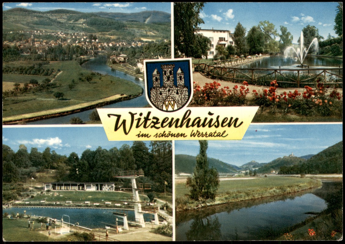 zoom: Image side vintage Postcard from 1972: Mehrbildkarte Witzenhausen mit Panorama, Freibad und Werratal:: Witzenhausen