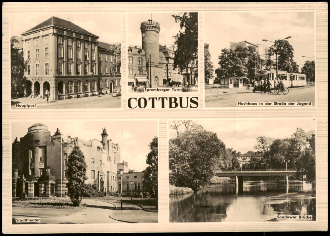 zoom: Image side vintage Postcard from 1964: Mehrbildansicht mit Stadttheater, Spremberger Turm und Sandower Brücke:: Cottbus