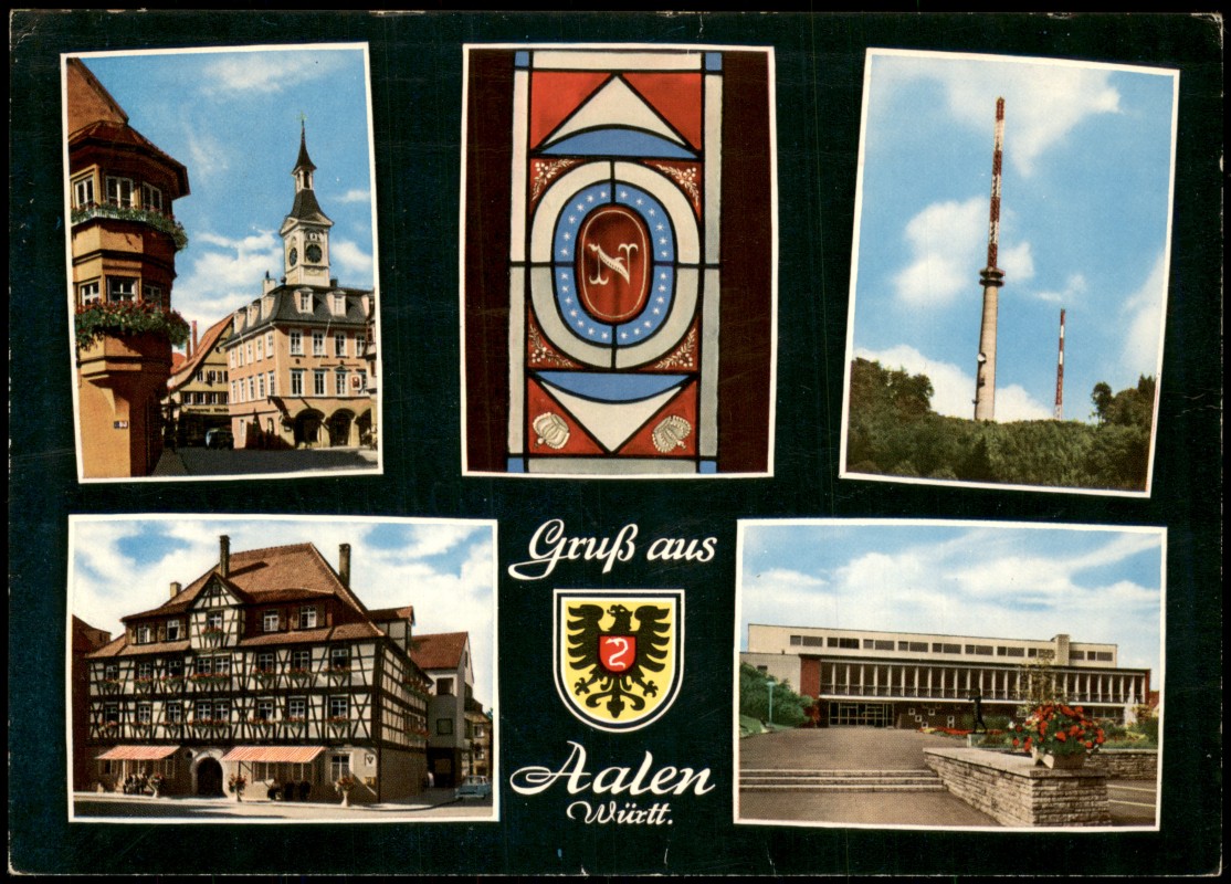 zoom: Image side vintage Postcard from 1970: Altes Rathaus, Stadthalle und Fernsehturm:: Aalen