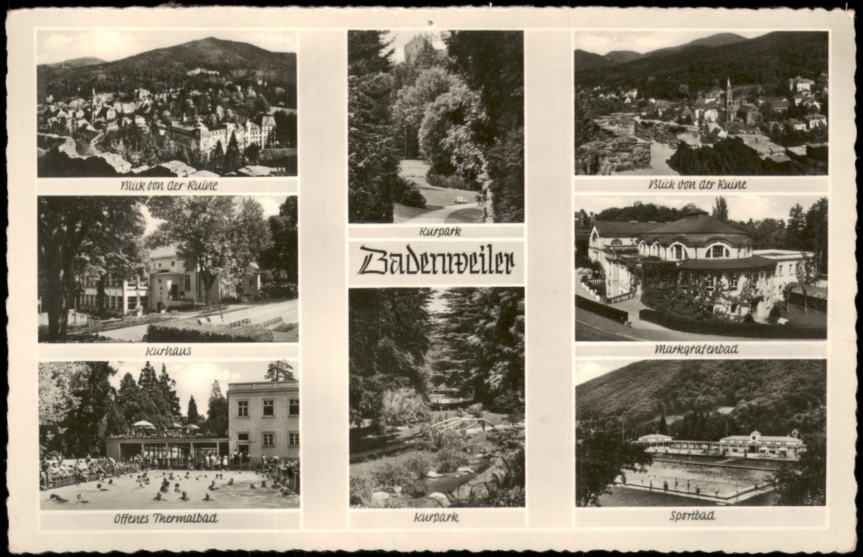 vergrößern: Bildseite historische Ansichtskarte von 1950: Ansichten von Badenweiler:: Badenweiler
