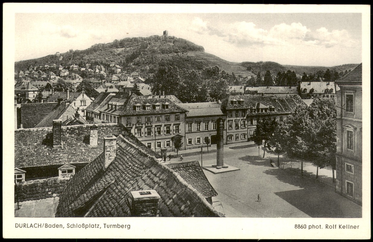 zoom: Image side vintage Postcard from 1955: Schloßplatz und Turmberg, Durlach:: Durlach-Karlsruhe