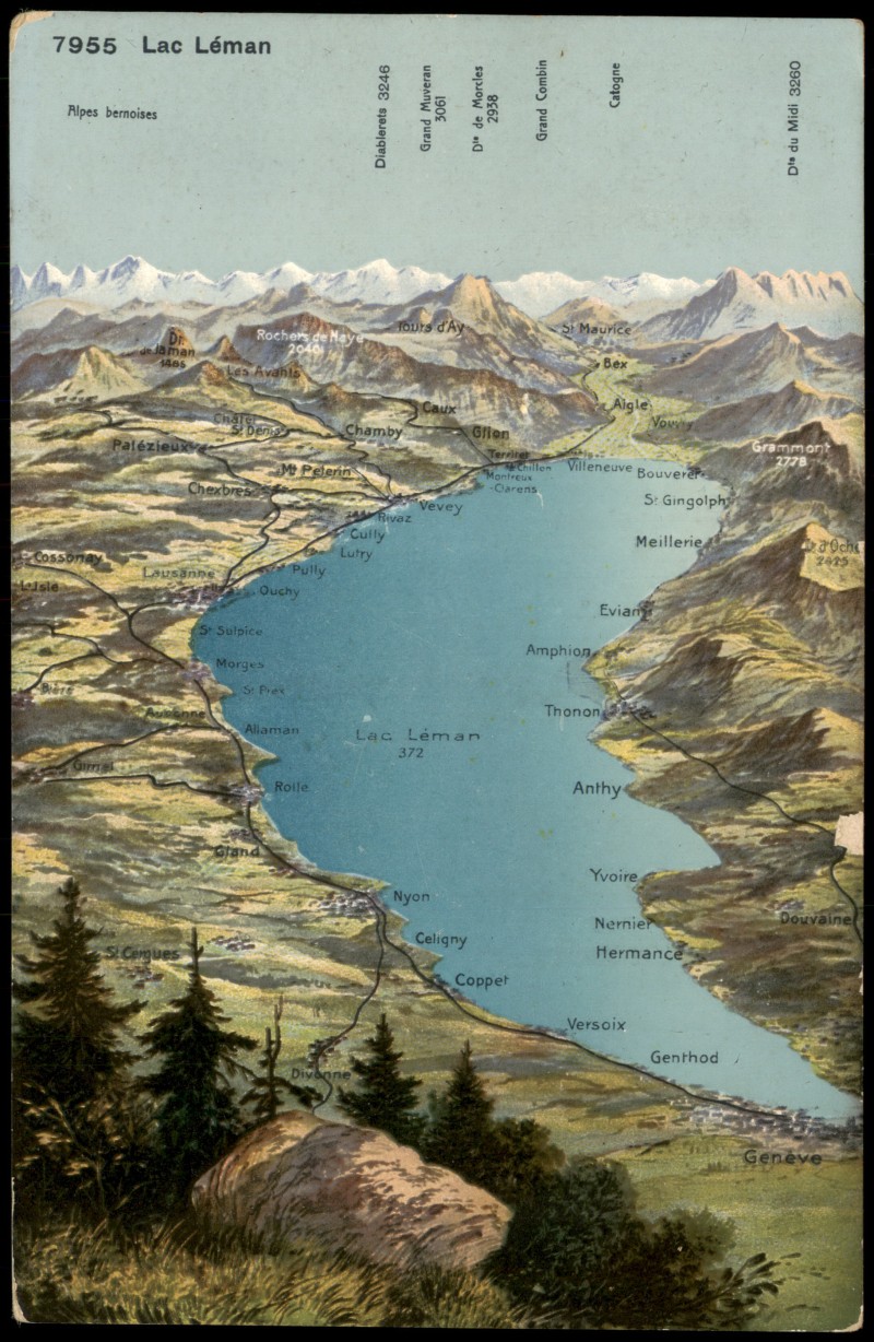 zoom: Image side vintage Postcard from 1912: Panoramakarte des Genfersees mit Alpen und Ortschaften:: Geneva