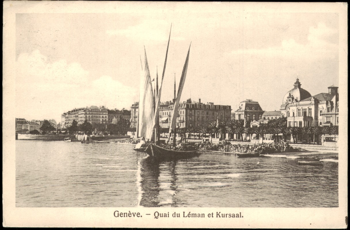 zoom: Image side vintage Postcard from 1909: Quai du Léman et Kursaal. Segelboot:: Geneva