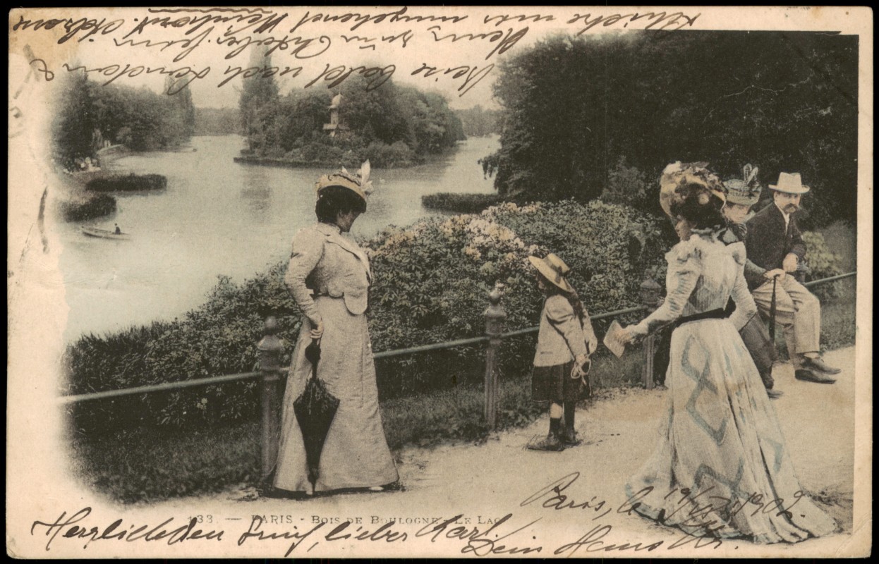 zoom: Image side vintage Postcard from 1909: Spaziergänger im Bois de Boulogne:: Paris