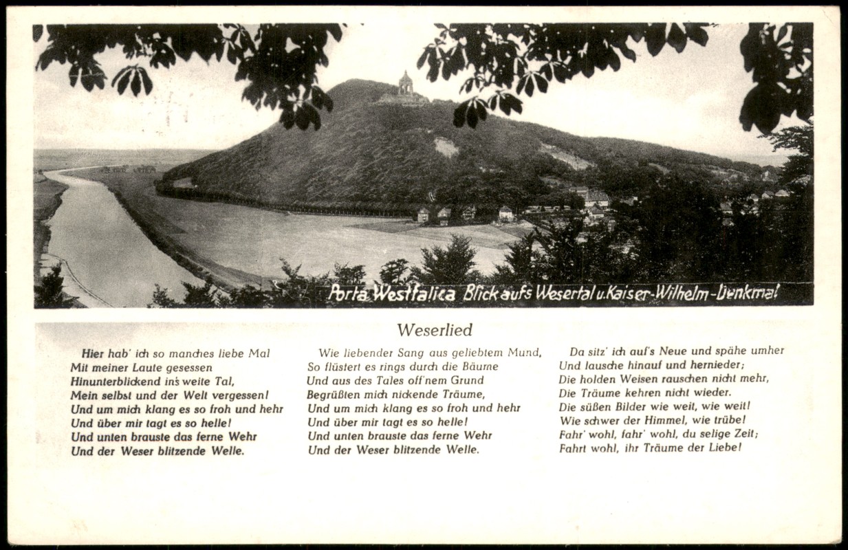zoom: Image side vintage Postcard from 1957: Porta Westfalica mit Kaiser-Wilhelm-Denkmal und Weserlied:: Weser Fluss