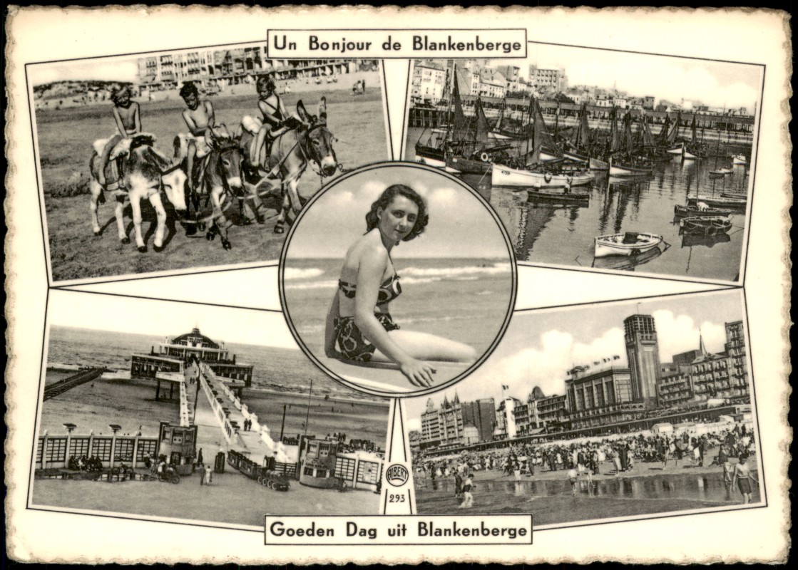 zoom: Image side vintage Postcard from 1955: Mehrbildkarte mit Strand- und Hafenszenen:: Blankenberge