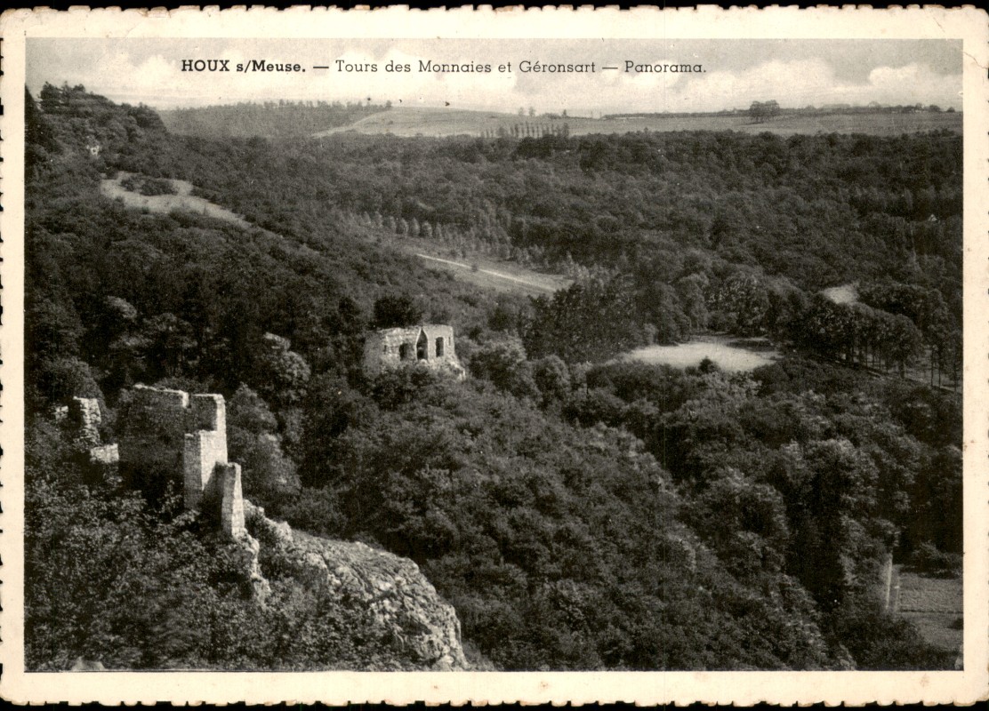 zoom: Image side vintage Postcard from 1933: Panorama mit den Ruinen Tours des Monnaies und Géronsart:: Houx (Belgique)