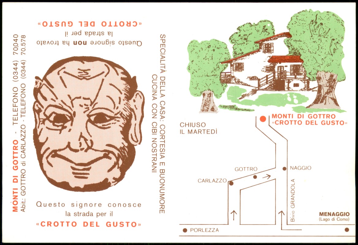 zoom: Image side vintage Postcard from 1980: Werbepostkarte Crotto del Gusto mit Karikatur und Anfahrtsskizze:: Gottro-Carlazzo