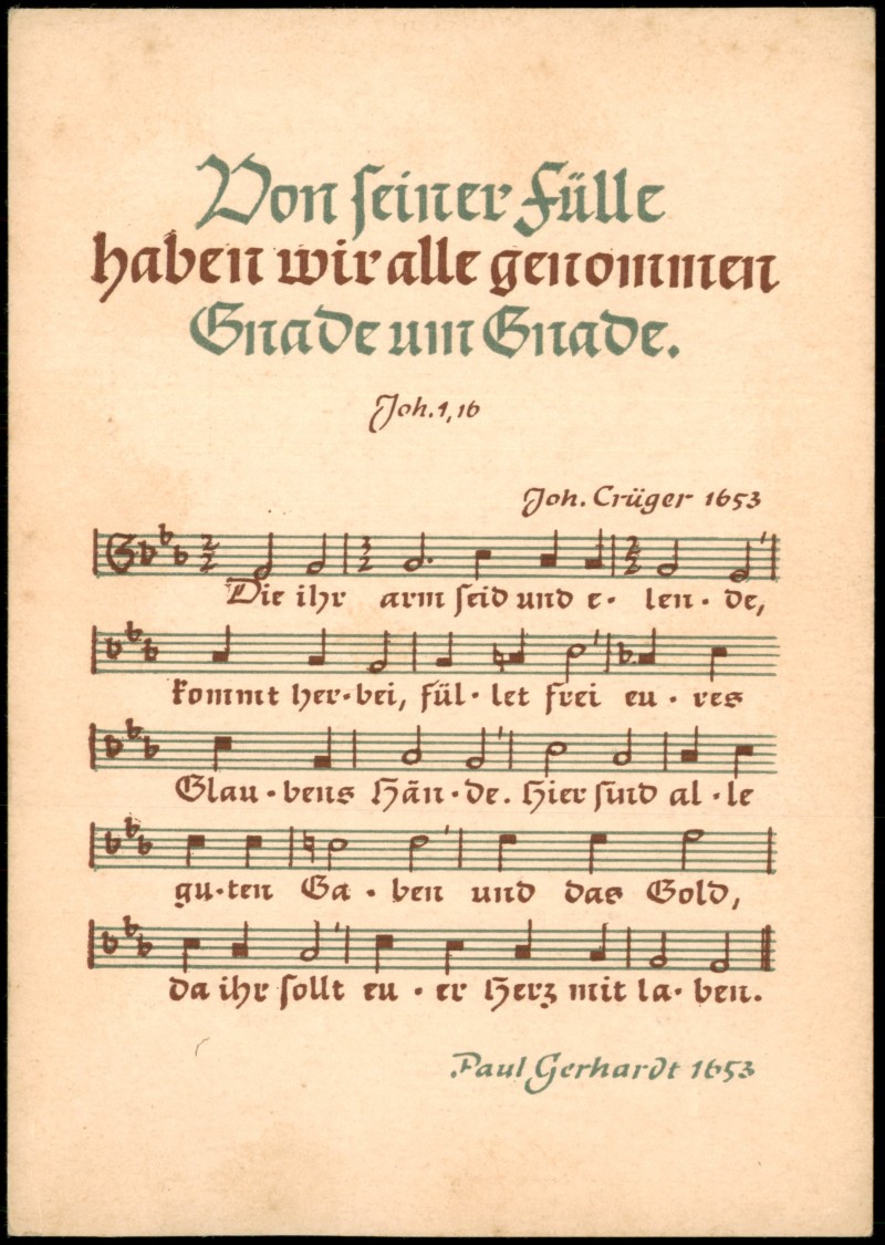vergrößern: Bildseite historische Ansichtskarte von 1953: Gnade um Gnade Religiöse Liedkarte Noten & Text Paul Gerhardt::