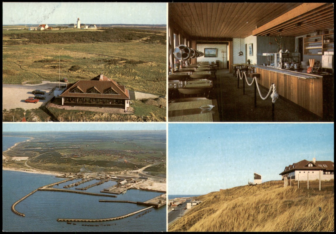 zoom: Image side vintage Postcard from 1980: Mehrbildkarte mit Restaurant Pynten, Hafenansicht und Leuchtturm:: Hanstholm Nordjylland