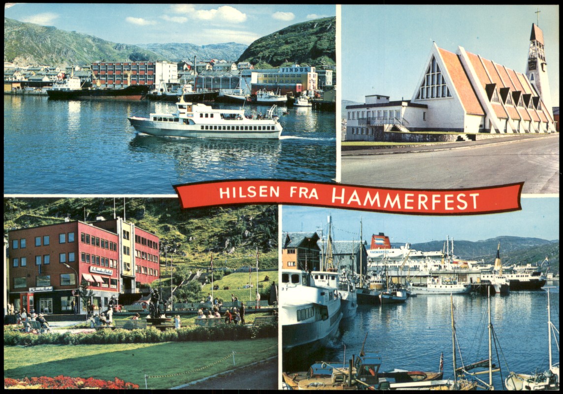 zoom: Image side vintage Postcard from 1970: Mehrbildansicht mit Hafen und Kirche:: Hammerfest
