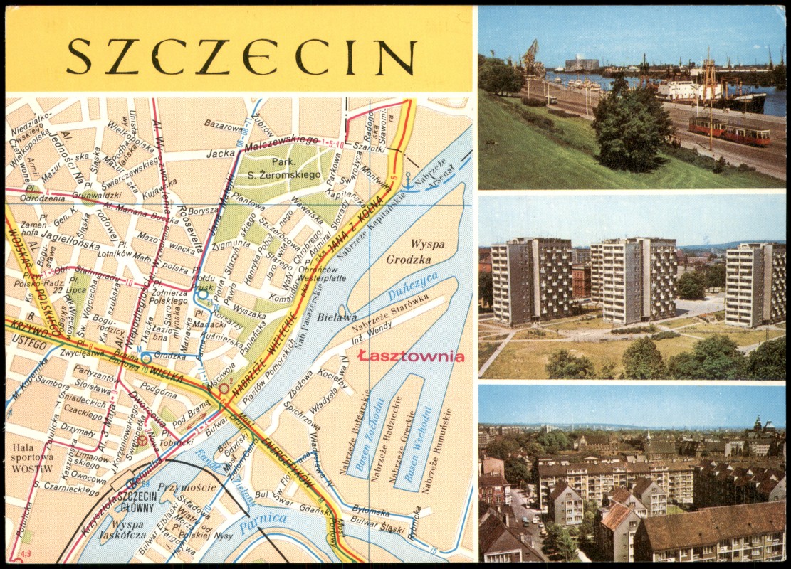 zoom: Image side vintage Postcard from 1980: Stadtplan, Hafen und Stadtansichten:: Szczecin