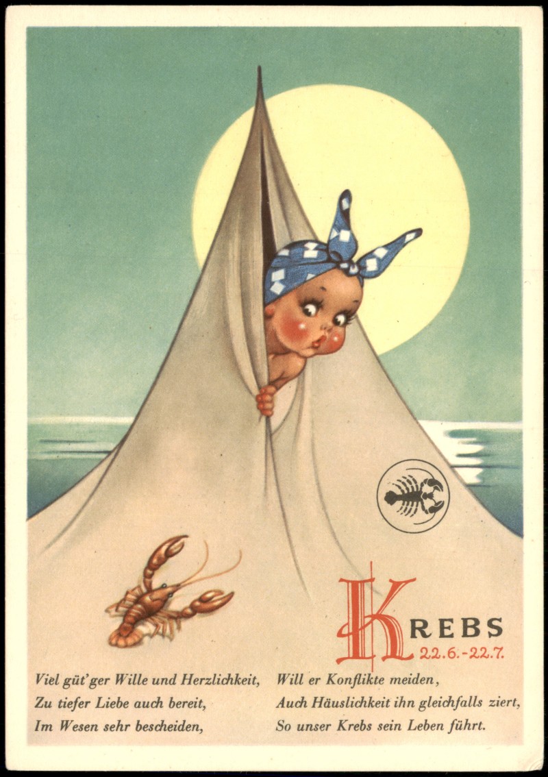 zoom: Image side vintage Postcard from 1947: Sternzeichen Krebs - Illustration::