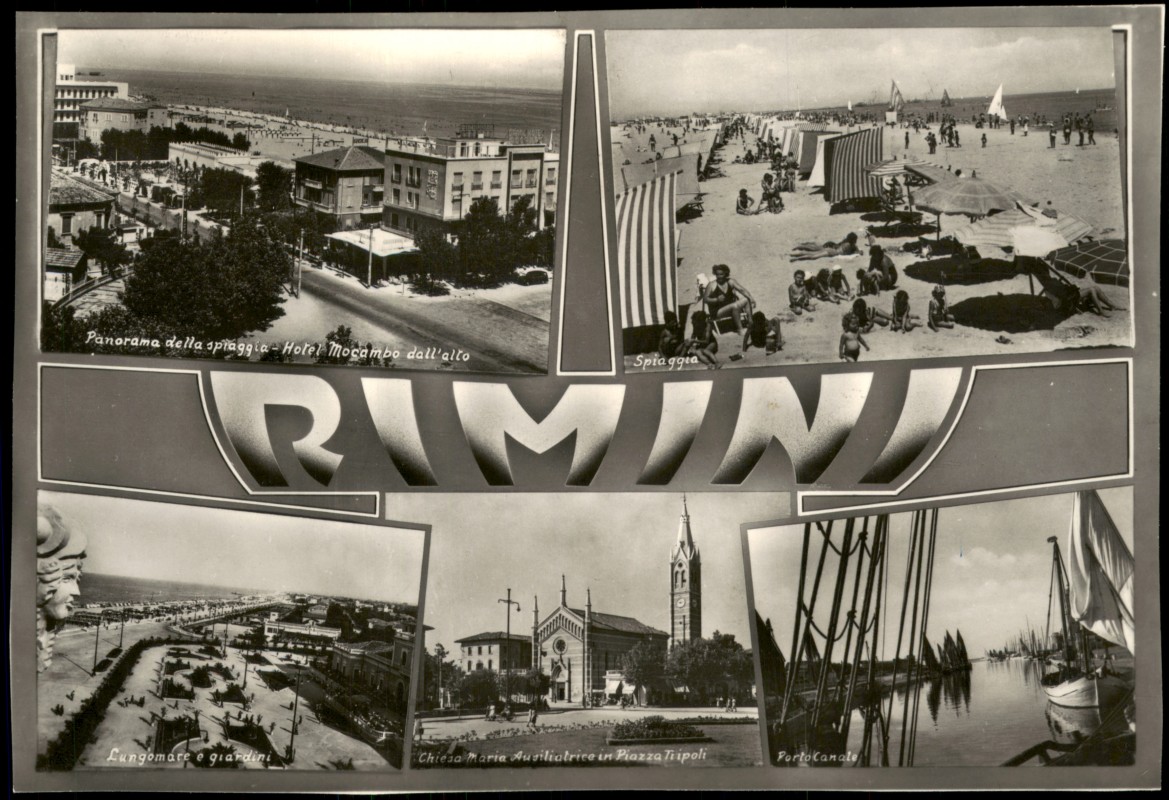 zoom: Image side vintage Postcard from 1955: Mehrbildkarte mit 5 Ortsansichten:: Rimini