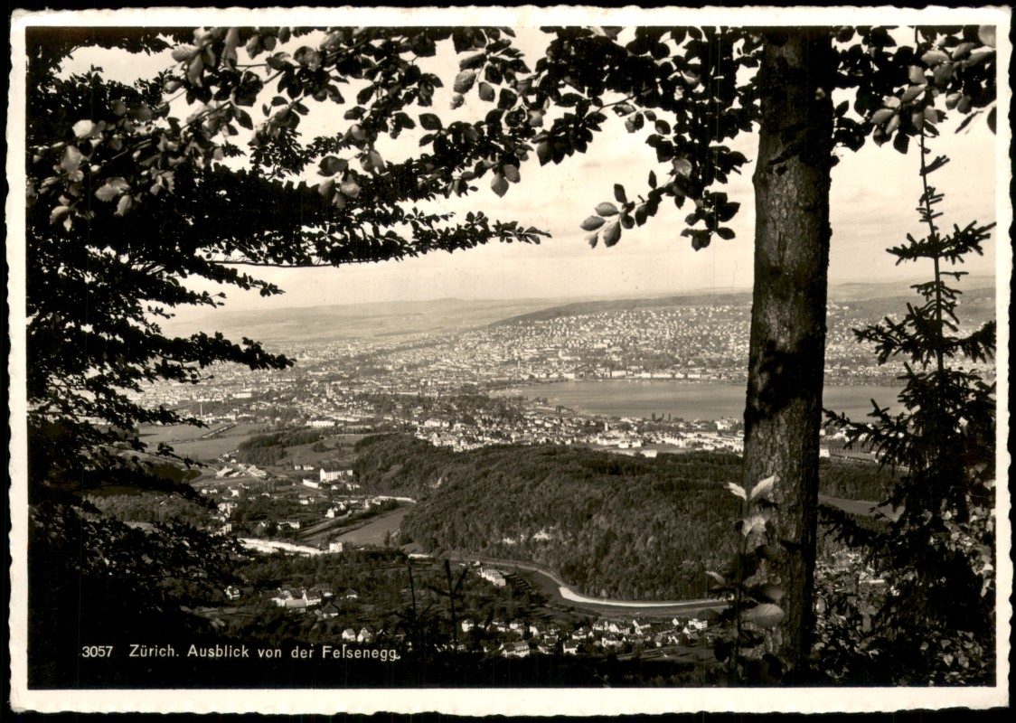 zoom: Image side vintage Postcard from 1939: Panorama-Ansicht Ausblick von der Felsenegg:: Zurich