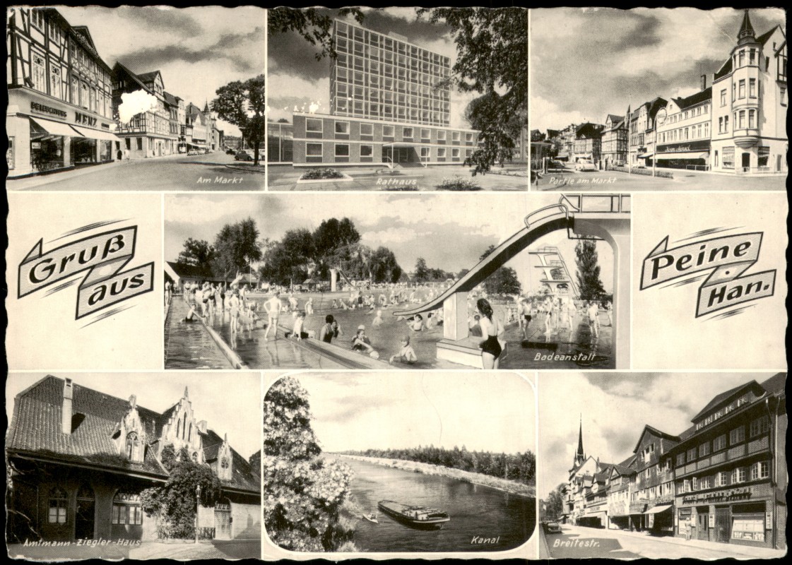 zoom: Image side vintage Postcard from 1957: Mehrbild-AK mit Badeanstalt, Ziegler-Haus, Kanal, Markt uvm.:: Peine