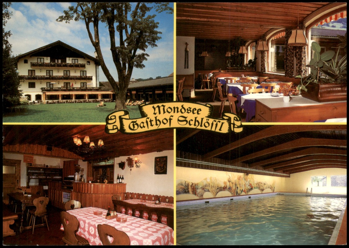 vergrößern: Bildseite historische Ansichtskarte von 1970: GASTHOF SCHLÖSSL Mehrbild-AK mit Innenansichten:: Mondsee